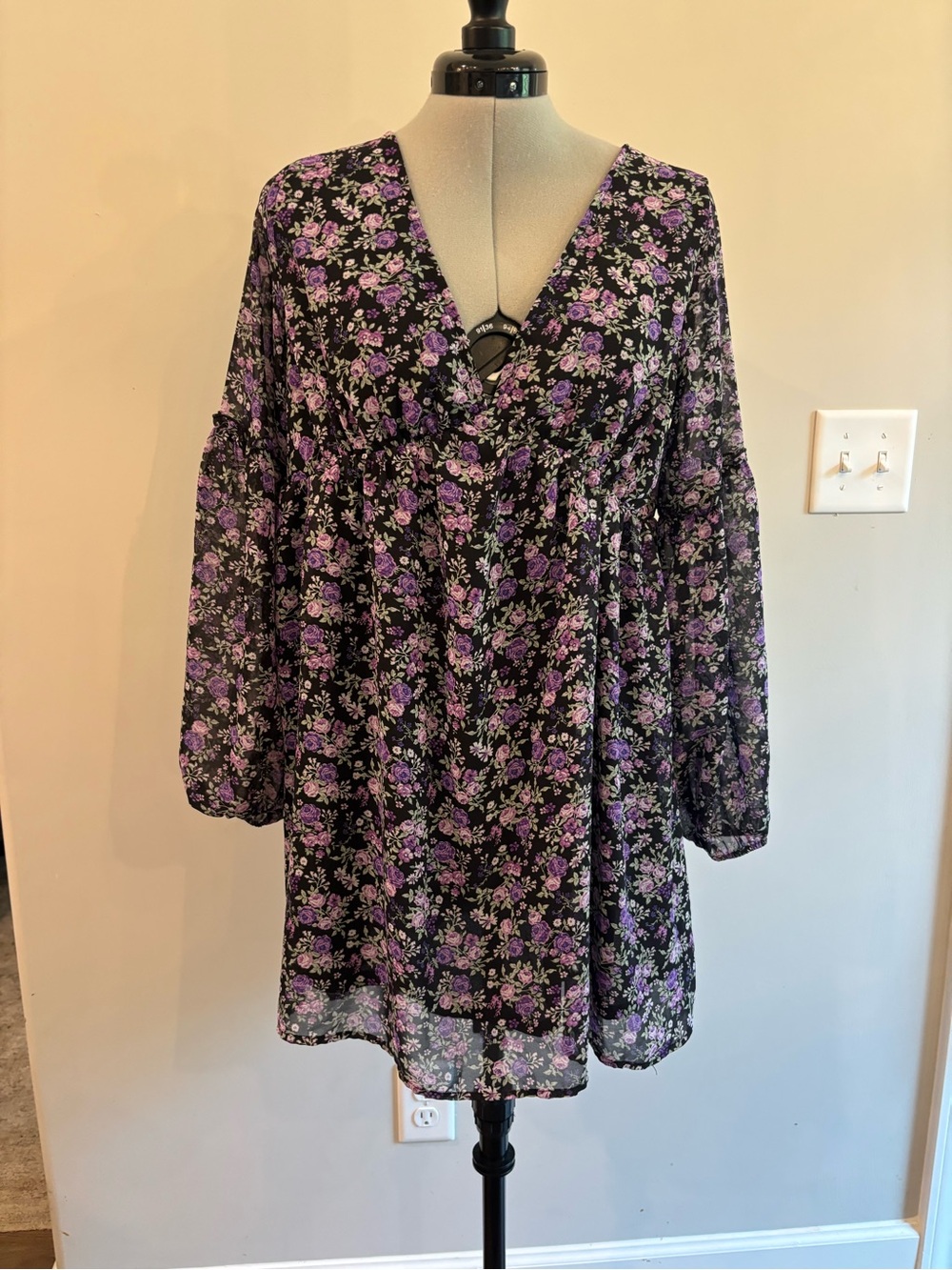 H&M Boho Babydoll Black Dress with Purple Floral Trim 0210